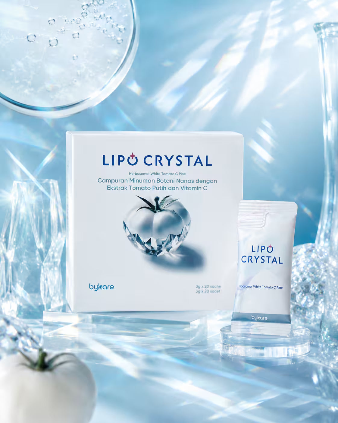 Lipo Crystal skin brightening supplement packaging box and a 3g single sachet displayed on premium ice-like crystal blocks with water bubbles. Advanced antioxidant and skin whitening formula featuring Herbosomal White Tomato and Vitamin C.