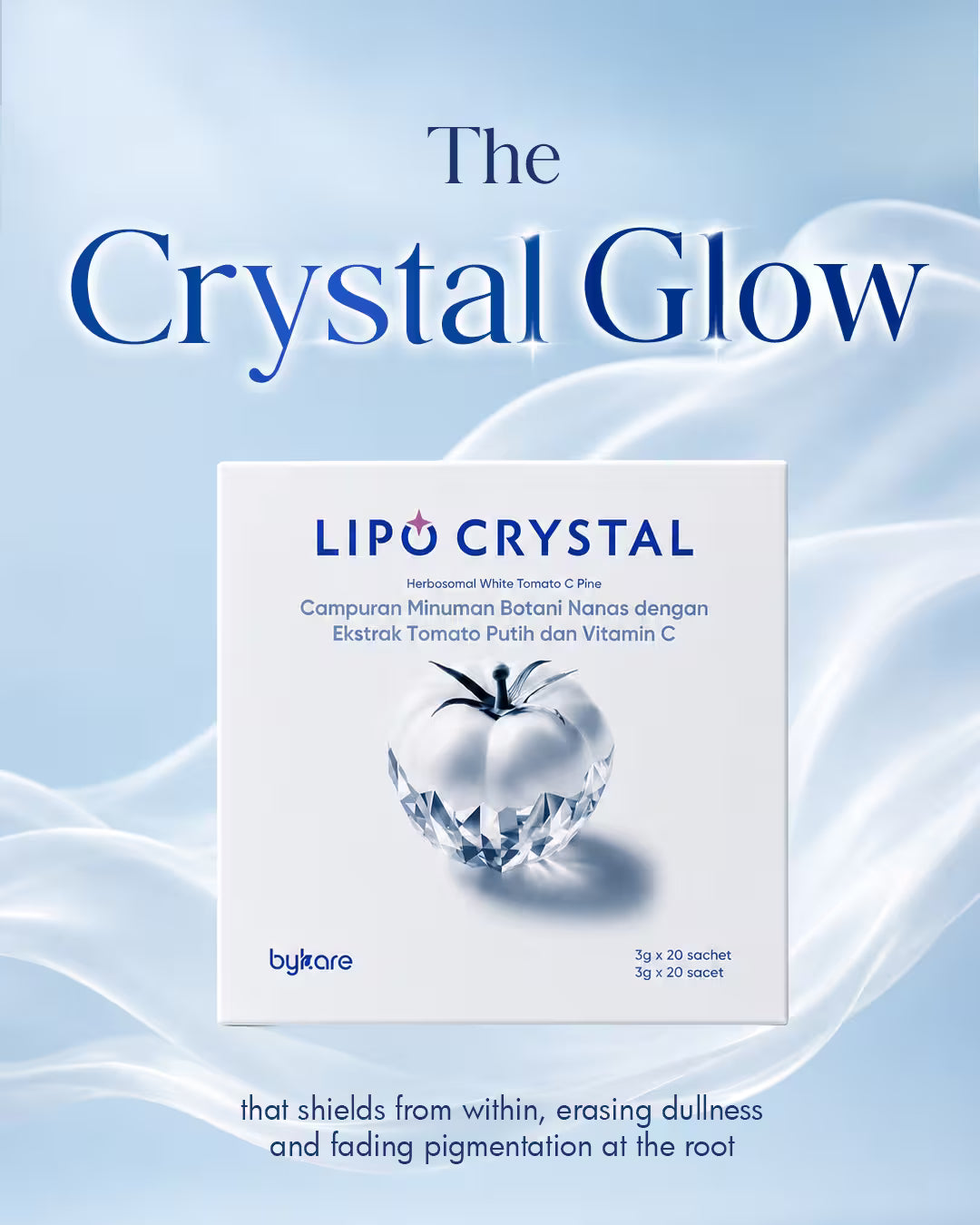 Bykare Lipo Crystal white tomato and vitamin C supplement box for skin brightening and fading pigmentation, featuring a crystal tomato design.