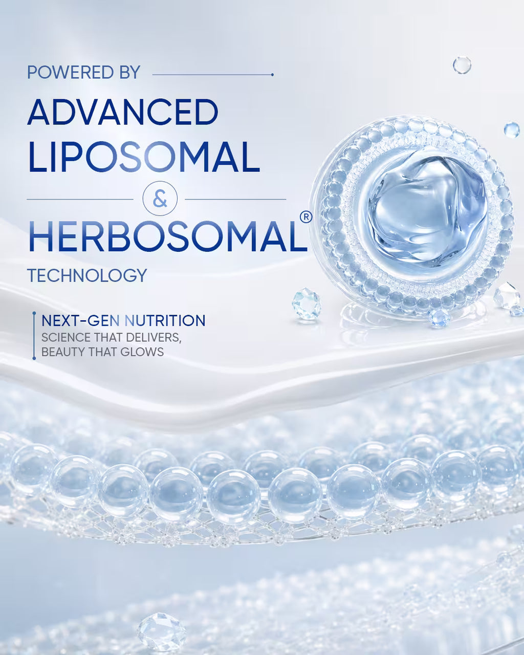 Science poster powered by Advanced Liposomal and Herbosomal Technology for Next-Gen Nutrition, featuring a microscopic crystal sphere design.