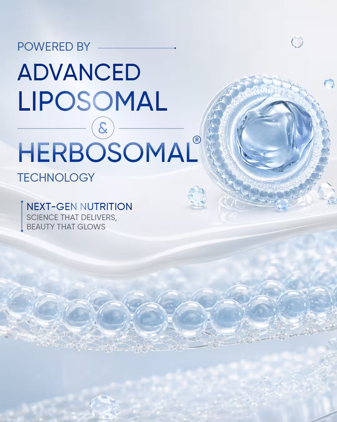 Science poster powered by Advanced Liposomal and Herbosomal Technology for Next-Gen Nutrition, featuring a microscopic crystal sphere design.