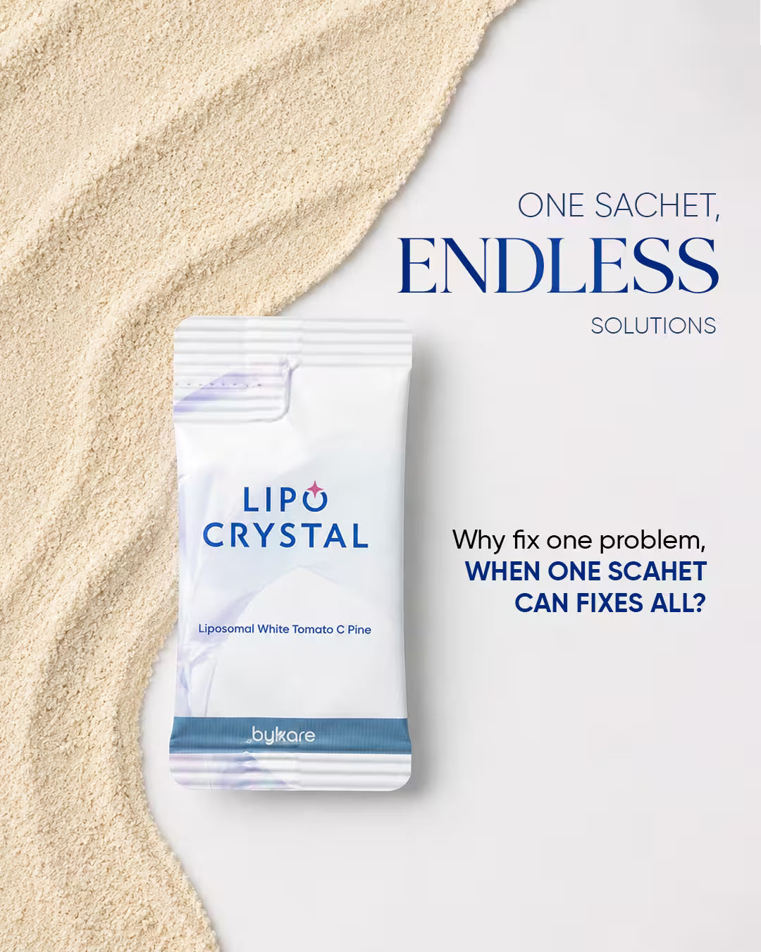 Single sachet of Bykare Lipo Crystal liposomal white tomato C pine on a textured powder background, text reading One Sachet Endless Solutions for skin.