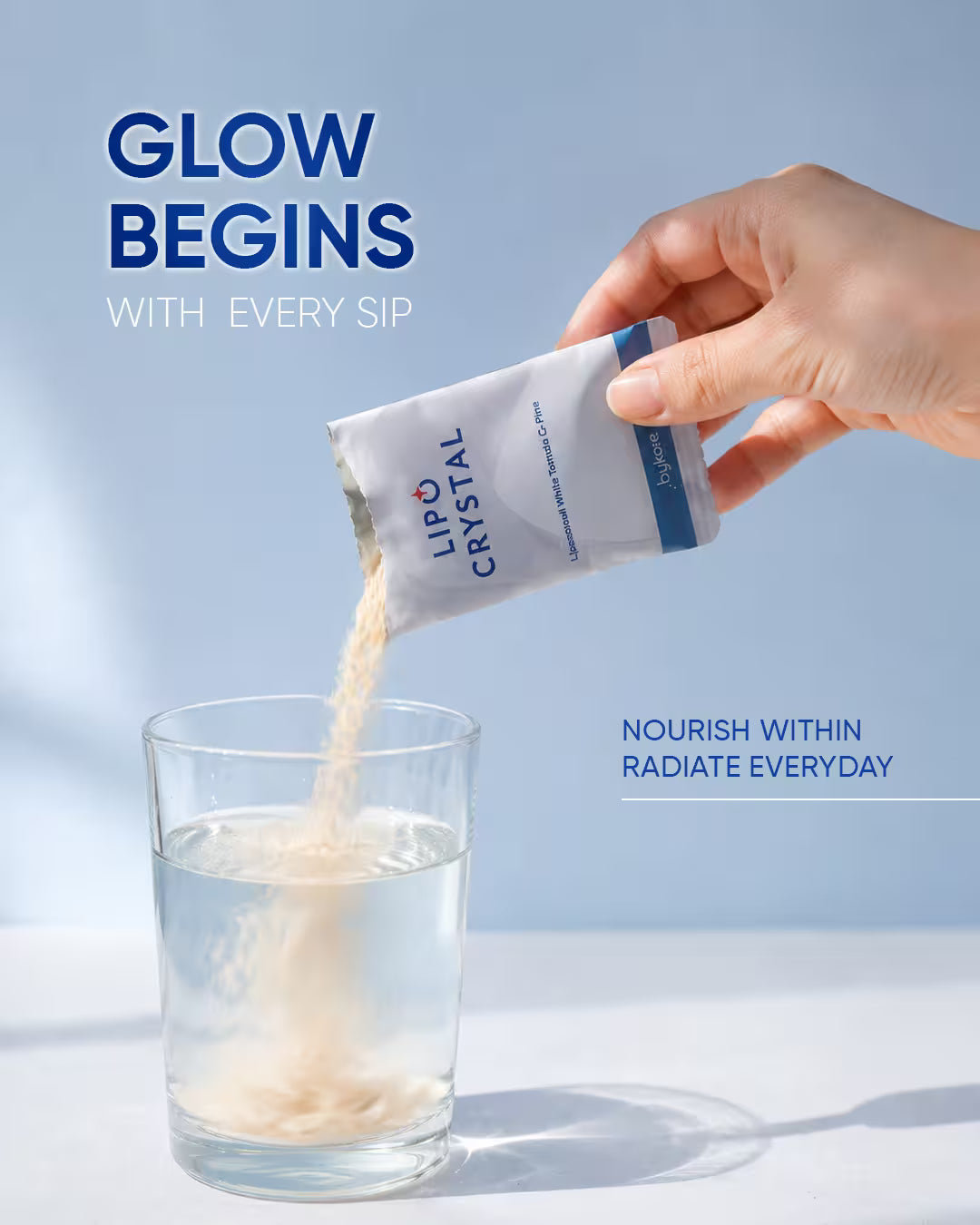 A hand pouring Bykare Lipo Crystal liposomal white tomato powder supplement into a glass of water, text overlay reads Glow Begins With Every Sip.